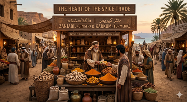 <p><strong>The Heart of the Spice Trade<br/></strong><br/>Dating back to2000 BCE to 1500 BCE, the Arabian Peninsula emerges as the gateway to global wellness, where Zanjabil(Ginger) and Karkum (Turmeric)are traded not just as commodities, but as the gold standard of natural healing.</p>