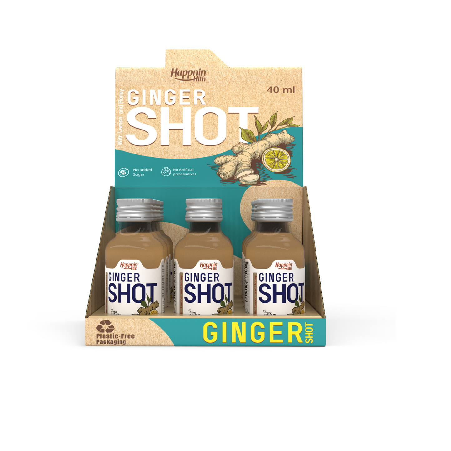 Happnin Hlth Ginger Shot | Cold Pressed Ginger, Honey & Lemon Juice | No Added Sugar, No Preservatives | 40ml Single-Serve Wellness Shot