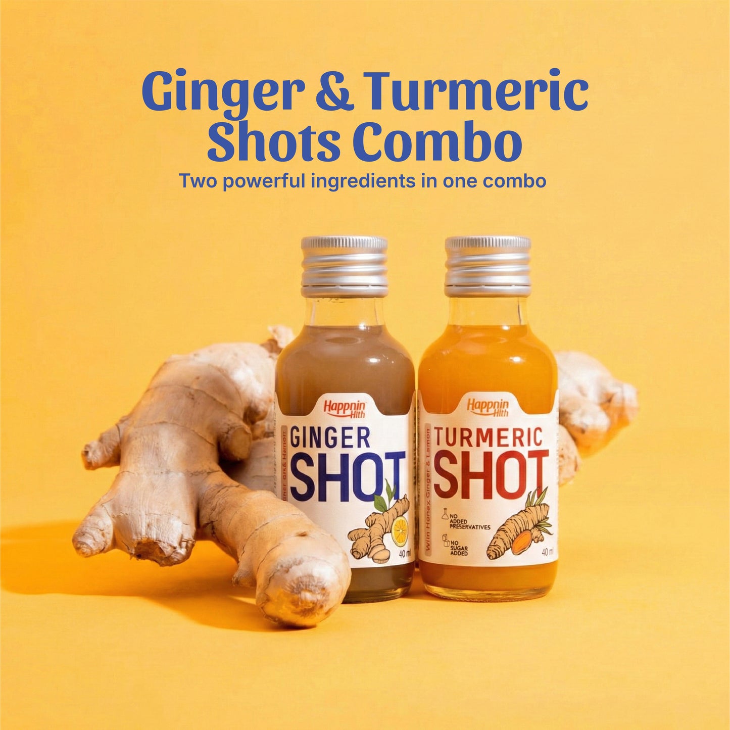 Happnin Hlth Ginger & Turmeric Wellness Shot Combo | Cold Pressed Ginger, Turmeric, Honey & Lemon | No Added Sugar, No Preservatives | 40ml Each | Immunity & Daily Wellness Shots