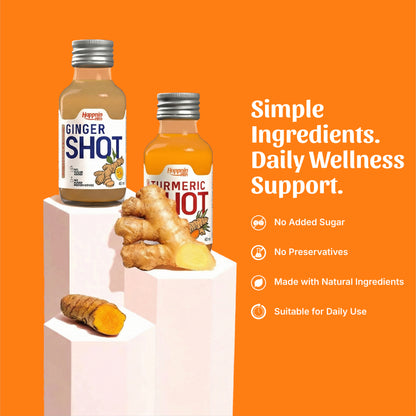 Happnin Hlth Ginger & Turmeric Wellness Shot Combo | Cold Pressed Ginger, Turmeric, Honey & Lemon | No Added Sugar, No Preservatives | 40ml Each | Immunity & Daily Wellness Shots